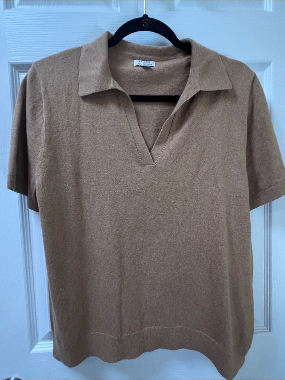 J.CREW Women's Cotton Cashmere Sweater Polo Short Sleeve Size Large Camel Tan